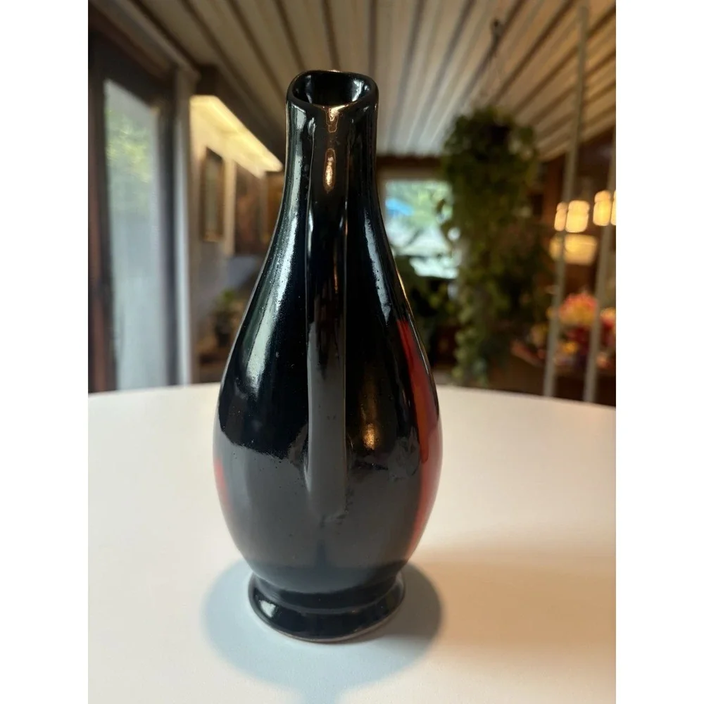 Vintage Hungarian Black Red Drip Glaze Pitcher Vase Mid Century Pottery BISZ 60s